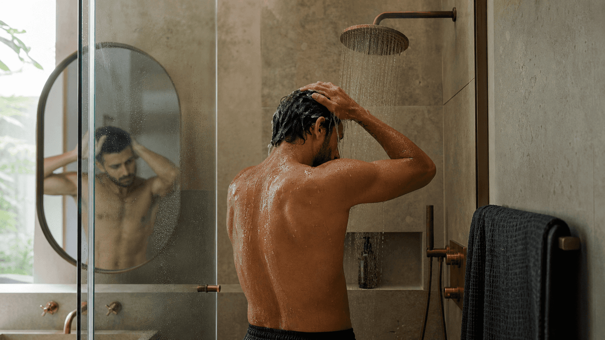 Hombre colombiano en una ducha moderna y real revisando un shampoo antes de usarlo.