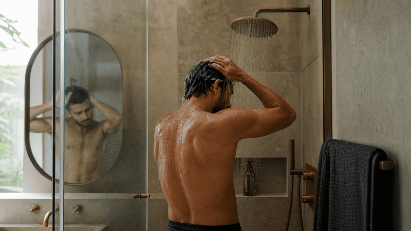 Hombre colombiano en una ducha moderna y real revisando un shampoo antes de usarlo.
