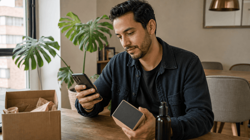 Hombre colombiano revisando información de un producto de grooming en su celular junto a una caja de envío.