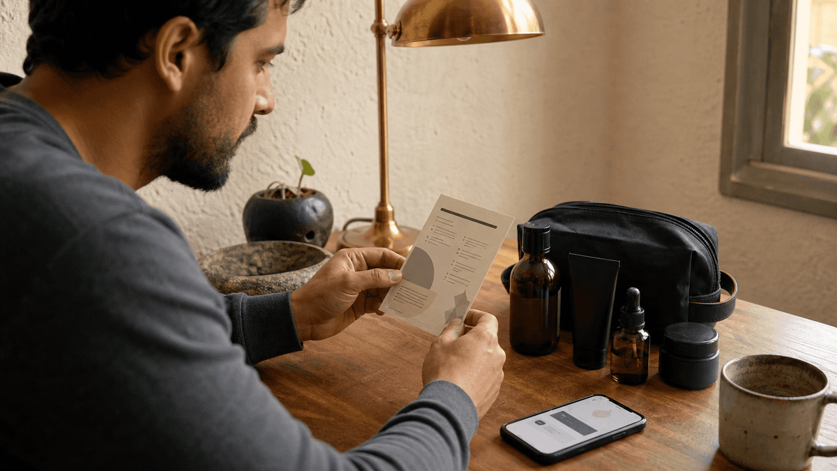 Hombre colombiano comparando fichas de productos de grooming en una mesa con luz natural.