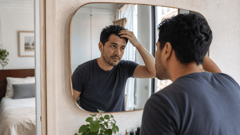 Hombre colombiano observando su cabello con calma frente a un espejo en luz natural.